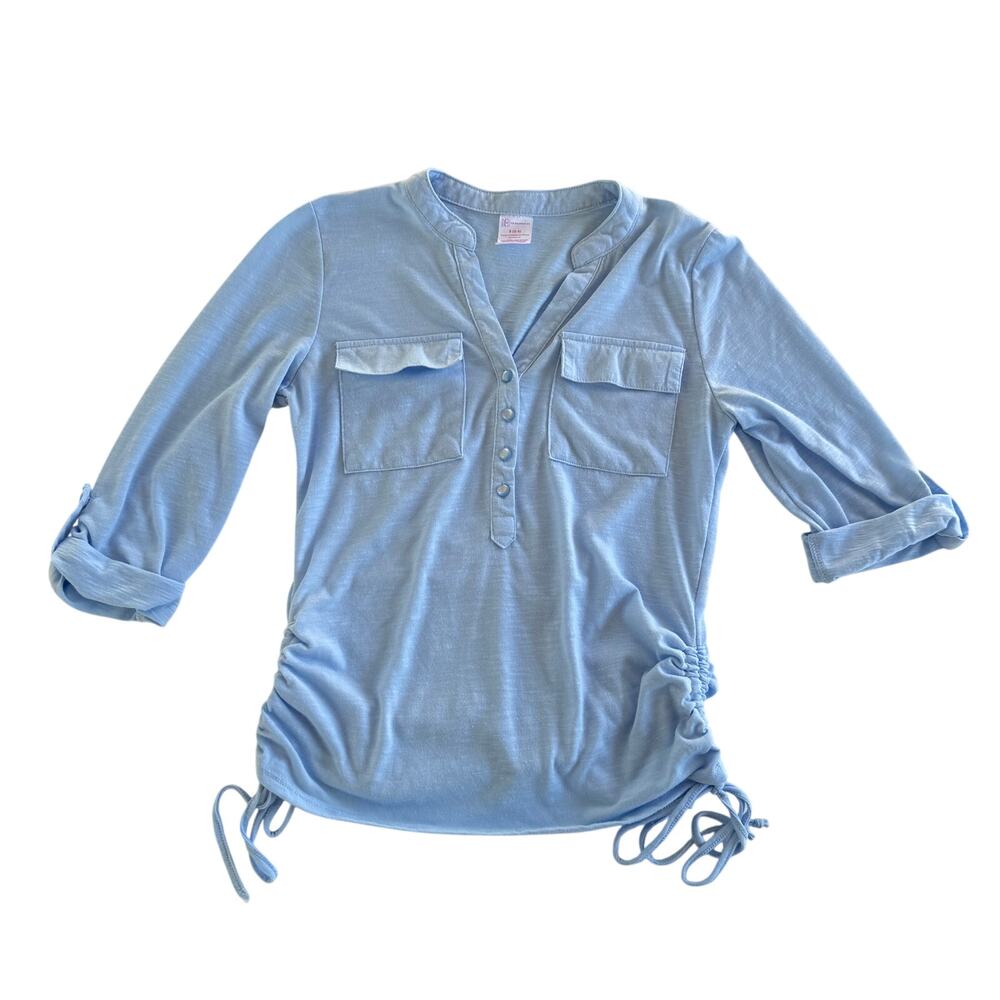 No Boundaries Blue Ruched Tie-Side Button Down Blouse Size Small 3-5